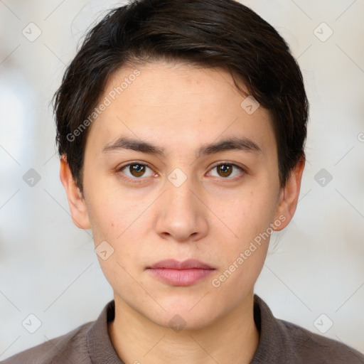 Neutral white young-adult male with short  brown hair and brown eyes