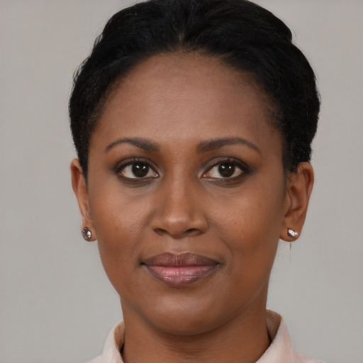 Joyful black young-adult female with short  black hair and brown eyes