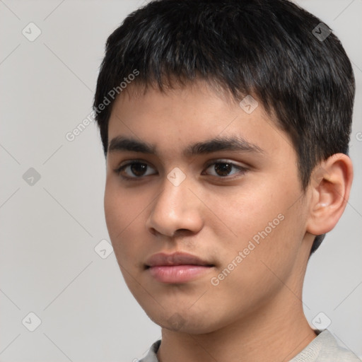 Neutral white young-adult male with short  black hair and brown eyes