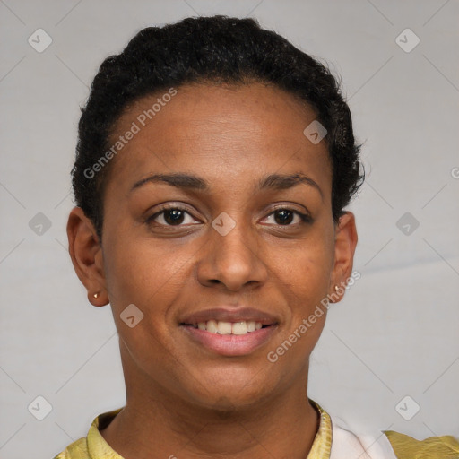 Joyful black young-adult female with short  brown hair and brown eyes