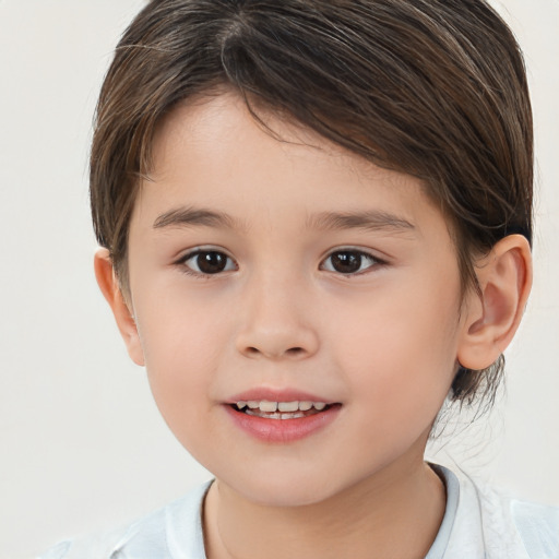 Joyful white child female with medium  brown hair and brown eyes