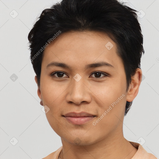 Joyful asian young-adult female with short  black hair and brown eyes
