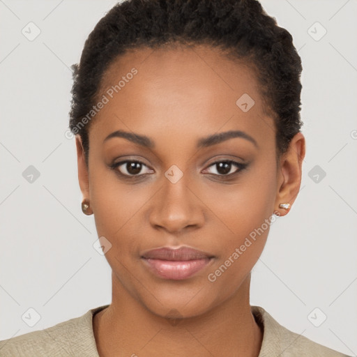 Joyful black young-adult female with short  brown hair and brown eyes