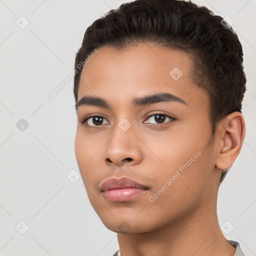 Neutral latino young-adult male with short  black hair and brown eyes