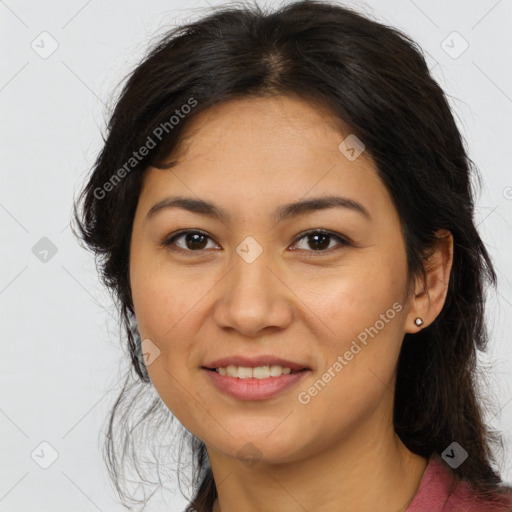 Joyful white adult female with medium  brown hair and brown eyes