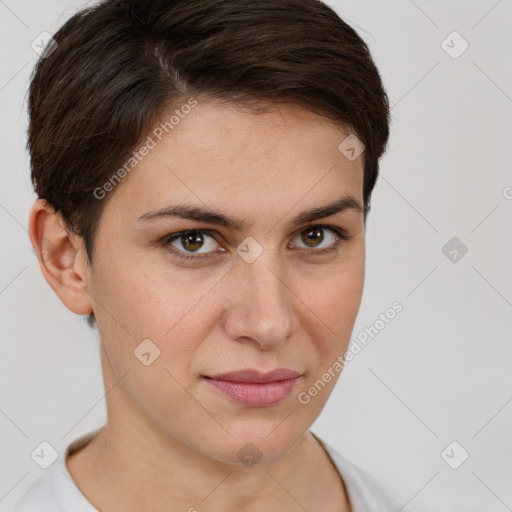 Joyful white young-adult female with short  brown hair and brown eyes