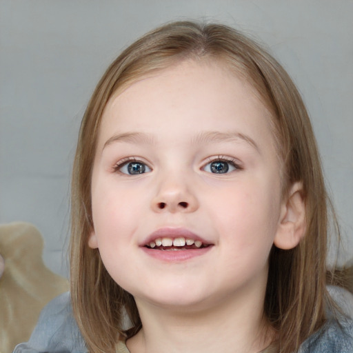 Joyful white child female with medium  brown hair and blue eyes