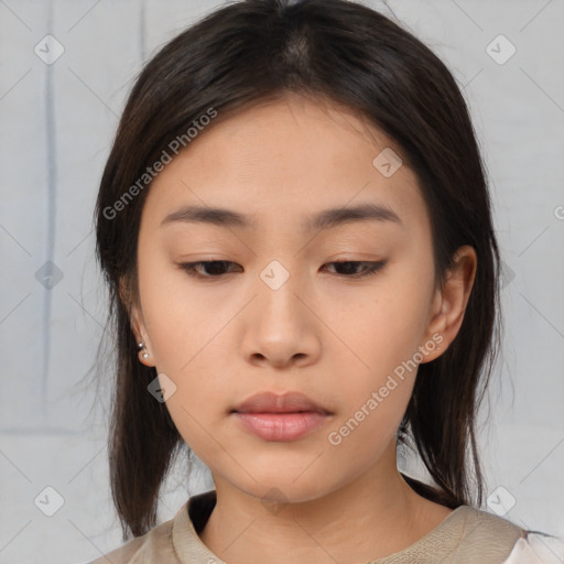 Neutral asian young-adult female with medium  brown hair and brown eyes