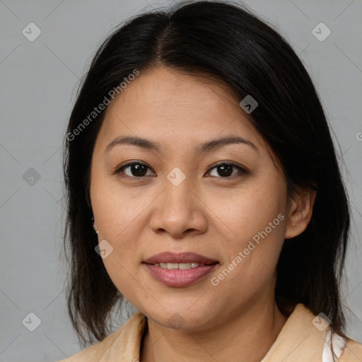 Joyful asian young-adult female with medium  brown hair and brown eyes