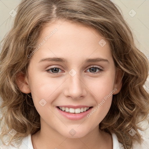 Joyful white child female with medium  brown hair and brown eyes