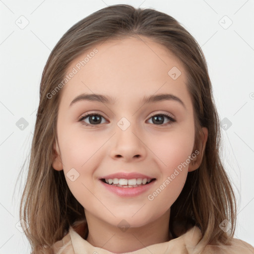 Joyful white child female with medium  brown hair and grey eyes