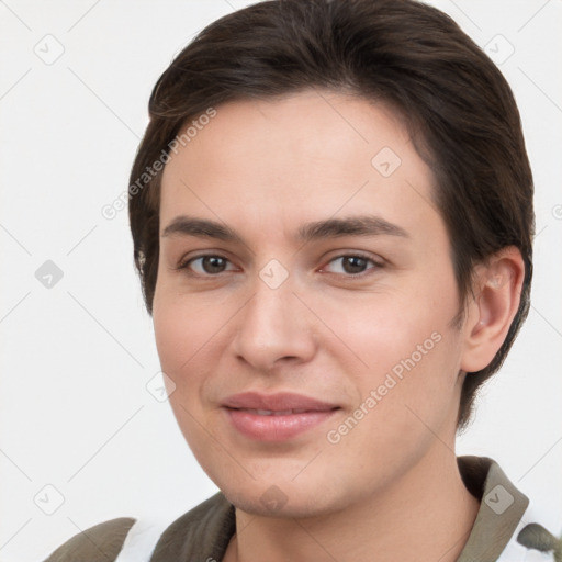 Joyful white young-adult female with short  brown hair and brown eyes