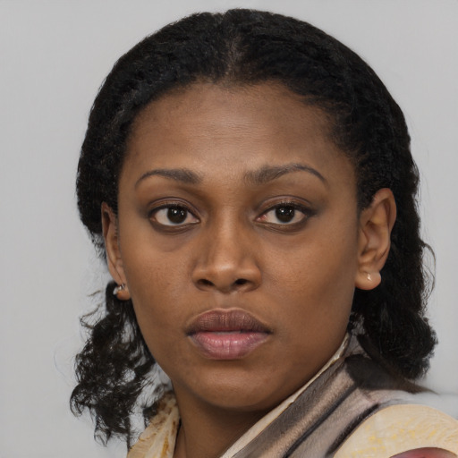 Neutral latino young-adult female with medium  brown hair and brown eyes