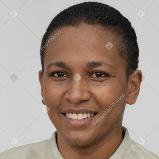 Joyful latino young-adult female with short  brown hair and brown eyes