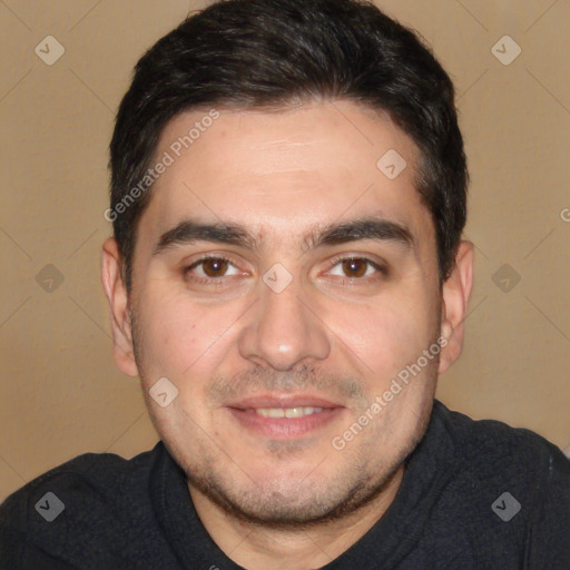 Joyful white young-adult male with short  black hair and brown eyes