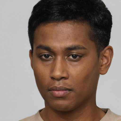 Neutral black young-adult male with short  black hair and brown eyes
