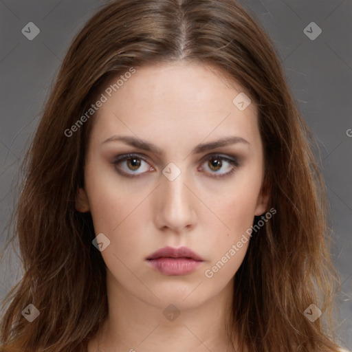 Neutral white young-adult female with long  brown hair and brown eyes