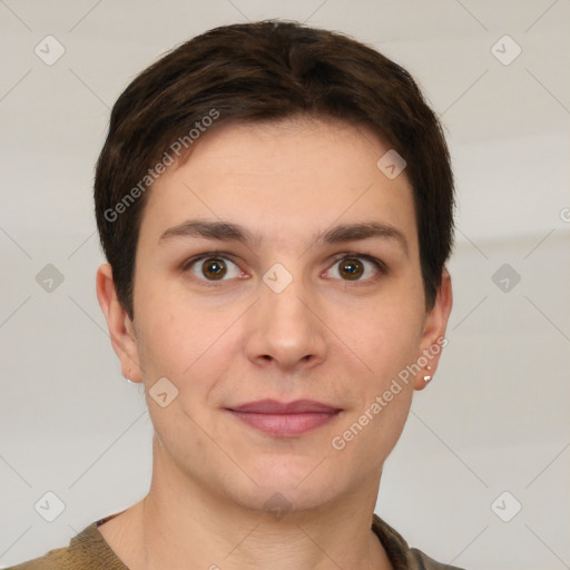 Joyful white young-adult female with short  brown hair and brown eyes