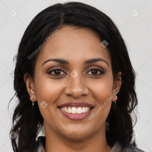 Joyful latino young-adult female with long  black hair and brown eyes