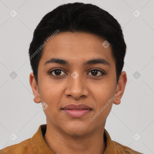 Joyful latino young-adult female with short  black hair and brown eyes