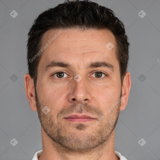 Neutral white adult male with short  brown hair and brown eyes