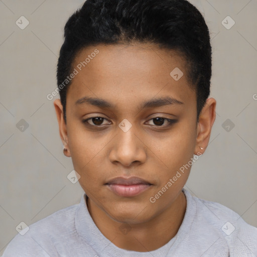 Neutral black young-adult female with short  black hair and brown eyes