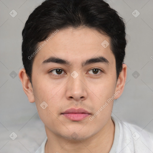 Neutral white young-adult male with short  black hair and brown eyes