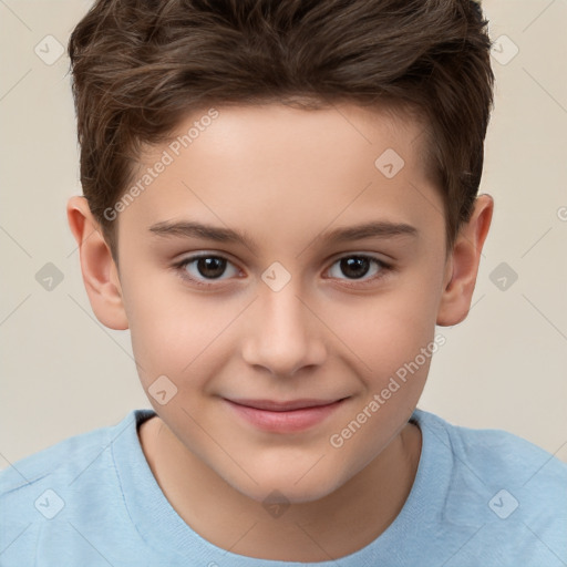 Joyful white child male with short  brown hair and brown eyes