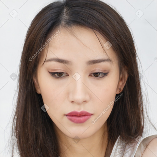 Neutral asian young-adult female with long  brown hair and brown eyes