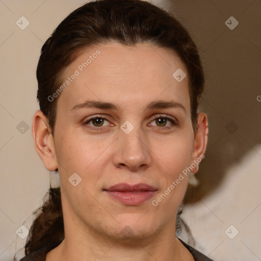 Joyful white young-adult female with short  brown hair and brown eyes