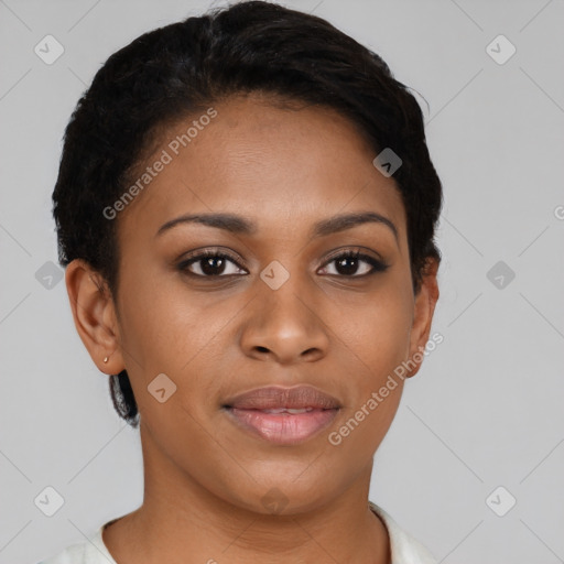 Joyful black young-adult female with short  black hair and brown eyes