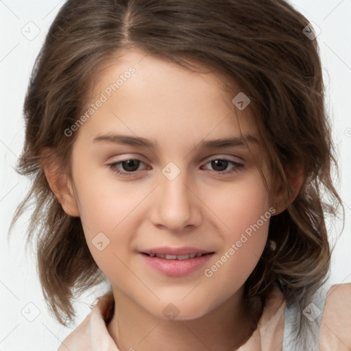 Joyful white child female with medium  brown hair and brown eyes