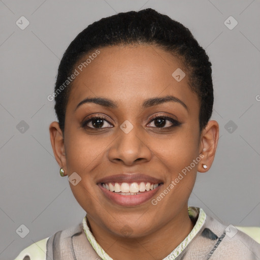 Joyful latino young-adult female with short  brown hair and brown eyes