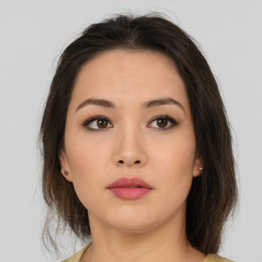 Neutral asian young-adult female with medium  brown hair and brown eyes