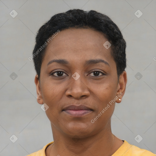 Joyful black young-adult female with short  black hair and brown eyes