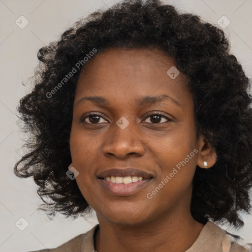 Joyful black young-adult female with medium  black hair and brown eyes