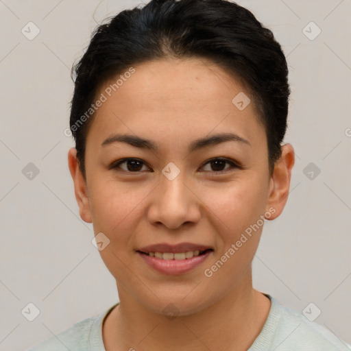 Joyful asian young-adult female with short  brown hair and brown eyes