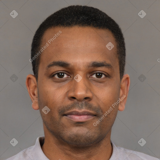 Neutral latino young-adult male with short  black hair and brown eyes
