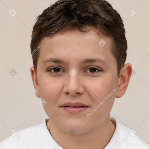 Joyful white child male with short  brown hair and brown eyes