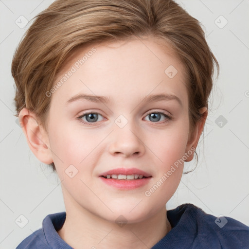 Joyful white child female with medium  brown hair and blue eyes