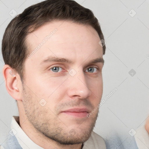 Neutral white young-adult male with short  brown hair and grey eyes