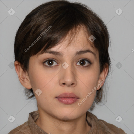 Neutral white young-adult female with medium  brown hair and brown eyes