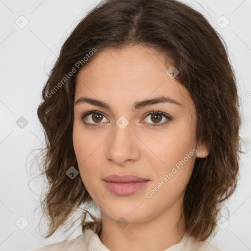 Neutral white young-adult female with medium  brown hair and brown eyes