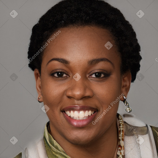 Joyful latino young-adult female with short  black hair and brown eyes