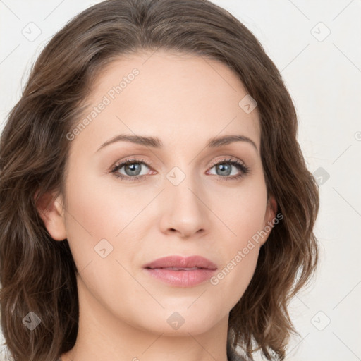 Joyful white young-adult female with medium  brown hair and green eyes