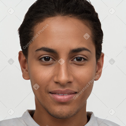 Joyful white young-adult female with short  brown hair and brown eyes