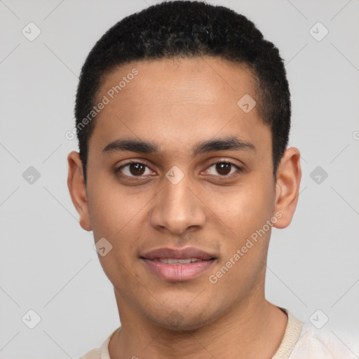 Joyful latino young-adult male with short  brown hair and brown eyes