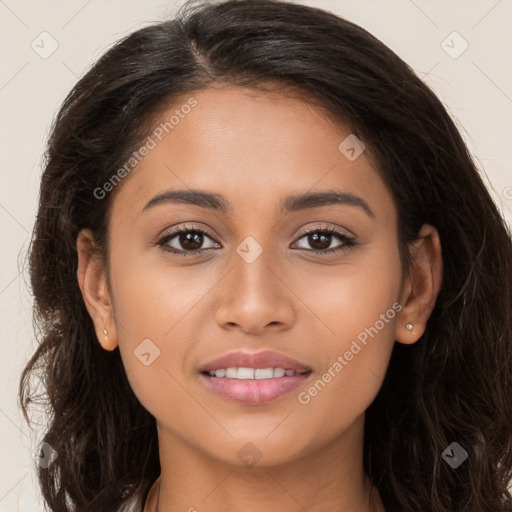 Joyful white young-adult female with long  brown hair and brown eyes