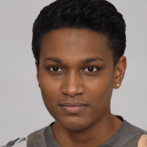Neutral black young-adult female with short  black hair and brown eyes