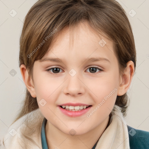 Joyful white child female with medium  brown hair and brown eyes